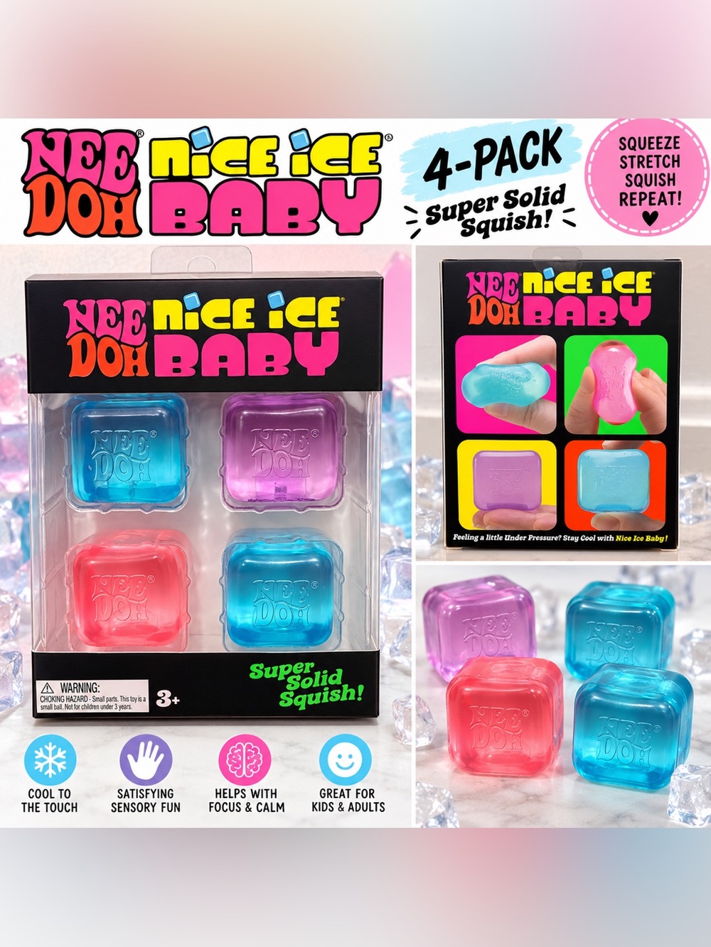 NeeDoh Nice Ice Baby 4-Pack Super Solid Squish Sensory Fidget Toys